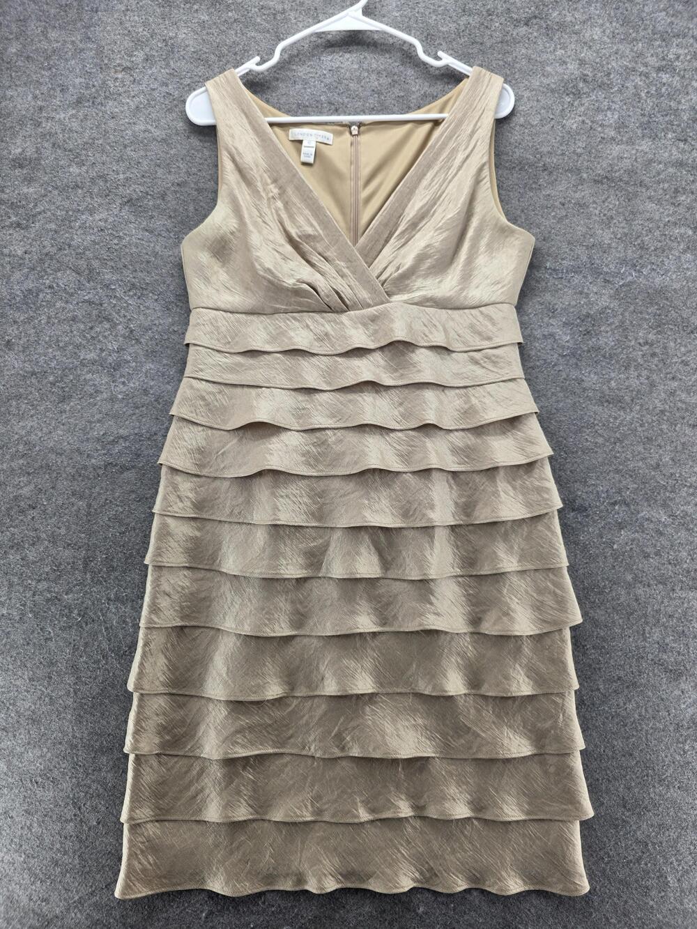 London Times Dress Womens 10 Beige Tiered Ruffle Sleeveless V Neck Cocktail